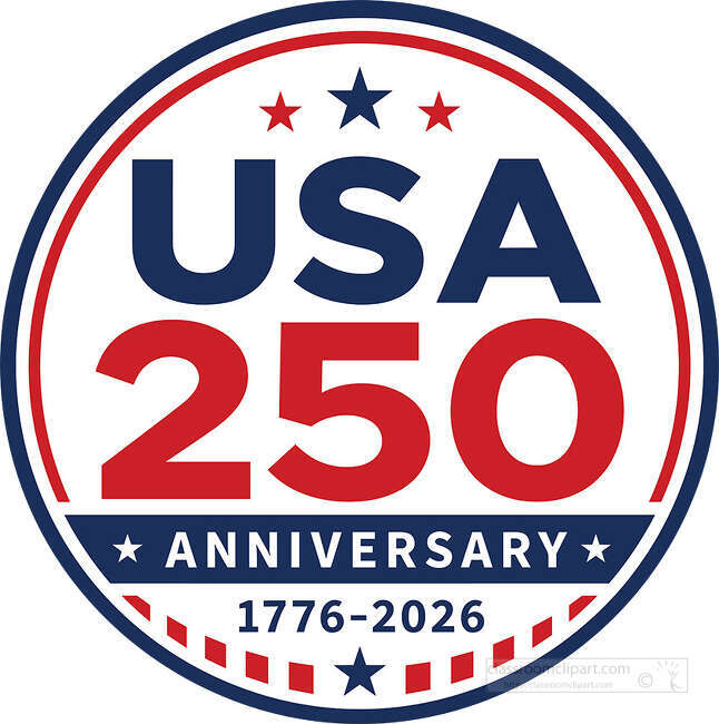 Round USA 250 Anniversary badge with red and blue text stars border banner and 1776 2026 text