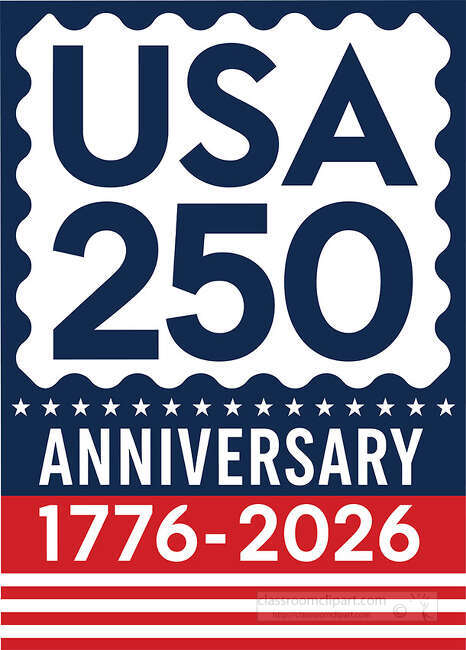 USA 250 Anniversary stamp badge with scalloped border stars red stripes and 1776 2026 text