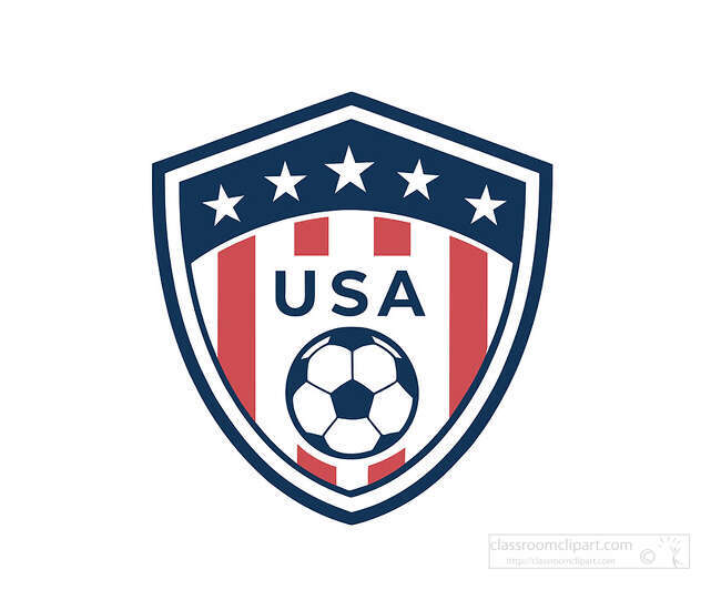 USA soccer shield badge with red vertical stripes white stars navy border and soccer ball