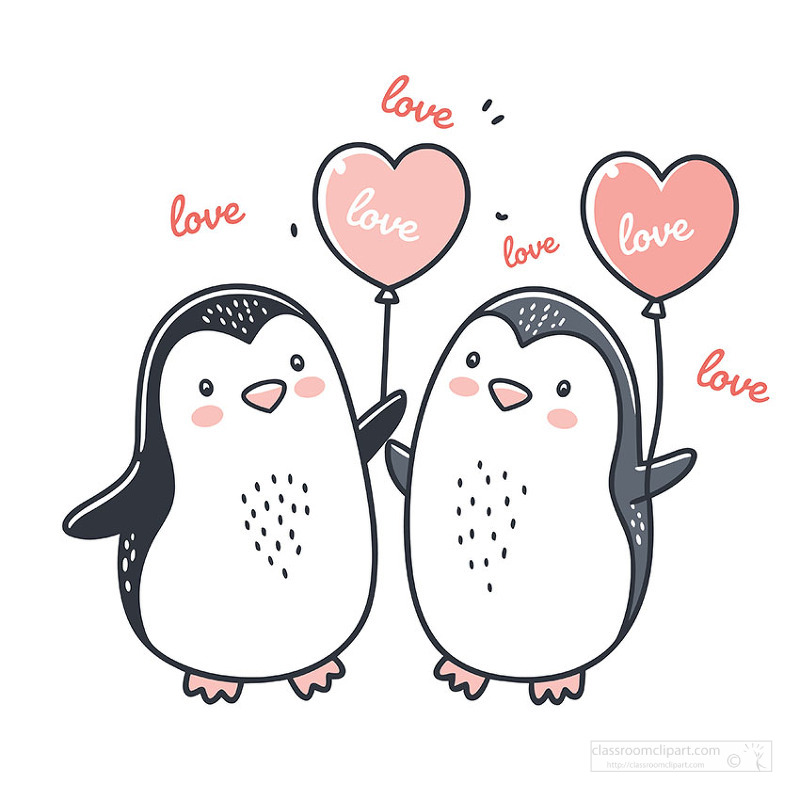 Adorable penguin couple holding heart balloons with love message theme