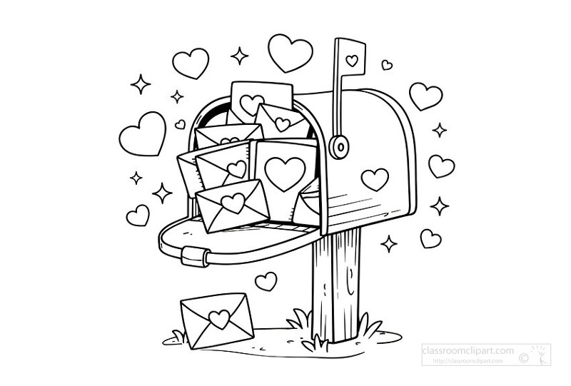 Romantic mailbox filled with heart letters and sparkles for valentines day coloring fun