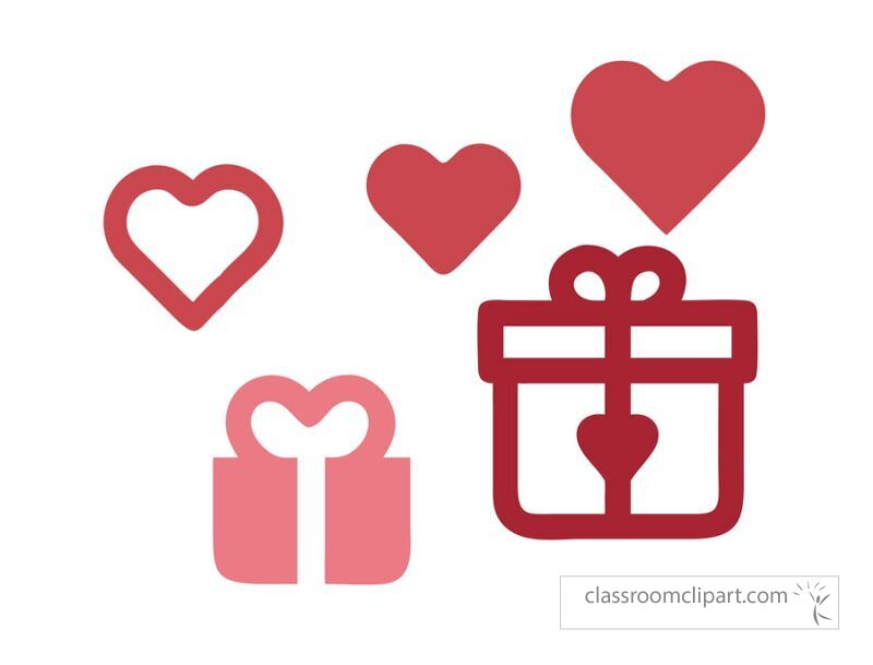 Colorful clip art features various heart shapes and gift boxes animated