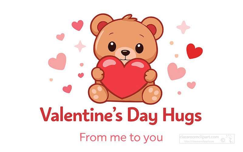 Adorable teddy bear holding heart with valentines hugs message