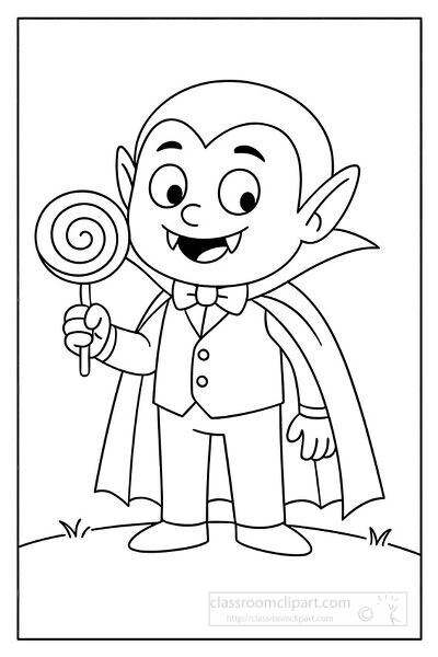 Fun Halloween coloring page featuring a happy vampire holding a swirl lollipop wearing a cape and bow tie perfect for kids coloring activities