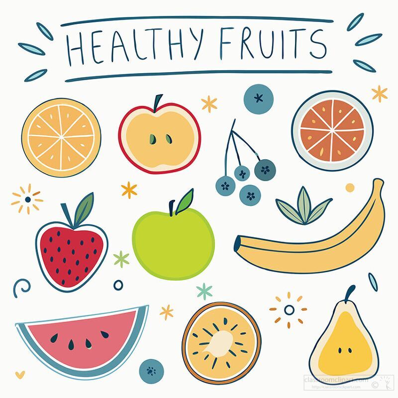 A delightful collection of fruits showcased with playful illustrations Bright colors highlight apples bananas berries and melons promoting joy and wellness through healthy eating