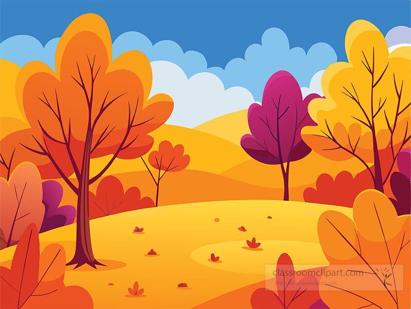 A scenic view of an autumn landscape featuring trees in various shades of orange red and purple against a bright blue sky The ground is covered with falling leaves and rolling hills