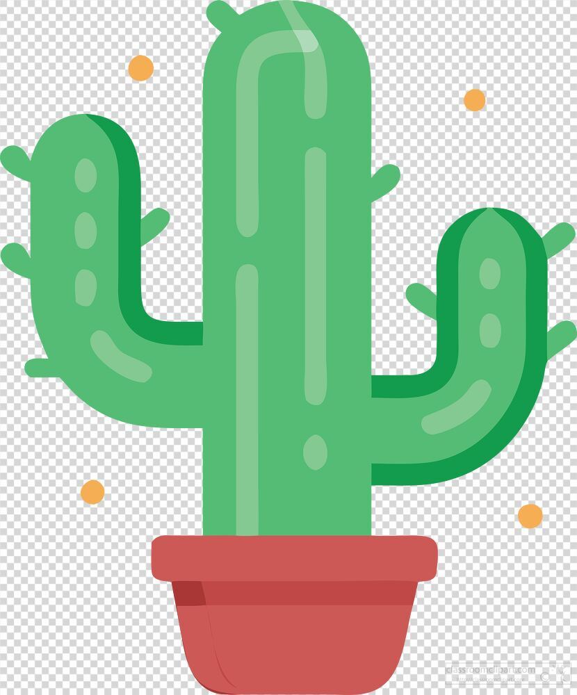 Bright and cheerful cactus stands tall in a terracotta pot, featuring smooth, glossy green arms. The background adds playful dots, enhancing its lively and artistic appeal.