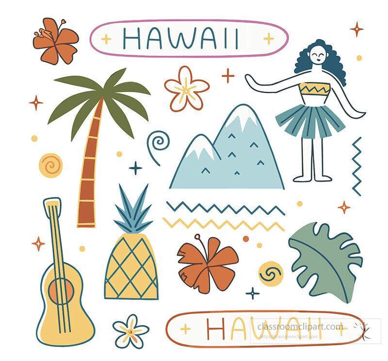 This colorful clip art features iconic Hawaiian elements such as palm trees mountains flowers and cultural symbols reflecting the natural beauty and spirit of Hawaii