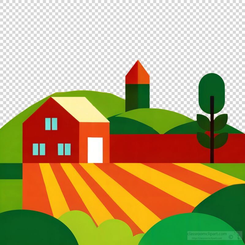 Vibrant Countryside With Farm and Fields Under Sunlight