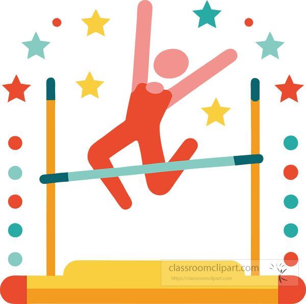 Colorful clip art of a pole vaulter jumping over the bar with joy