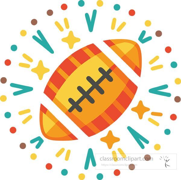 Minimalist rugby ball surrounded by colorful shapes and stars