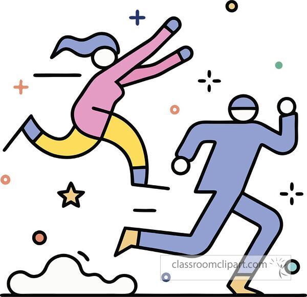 A colorful illustration of two people running energetically, one in pink and yellow, the other in blue. The background features playful shapes and stars, conveying a sense of movement and fun.