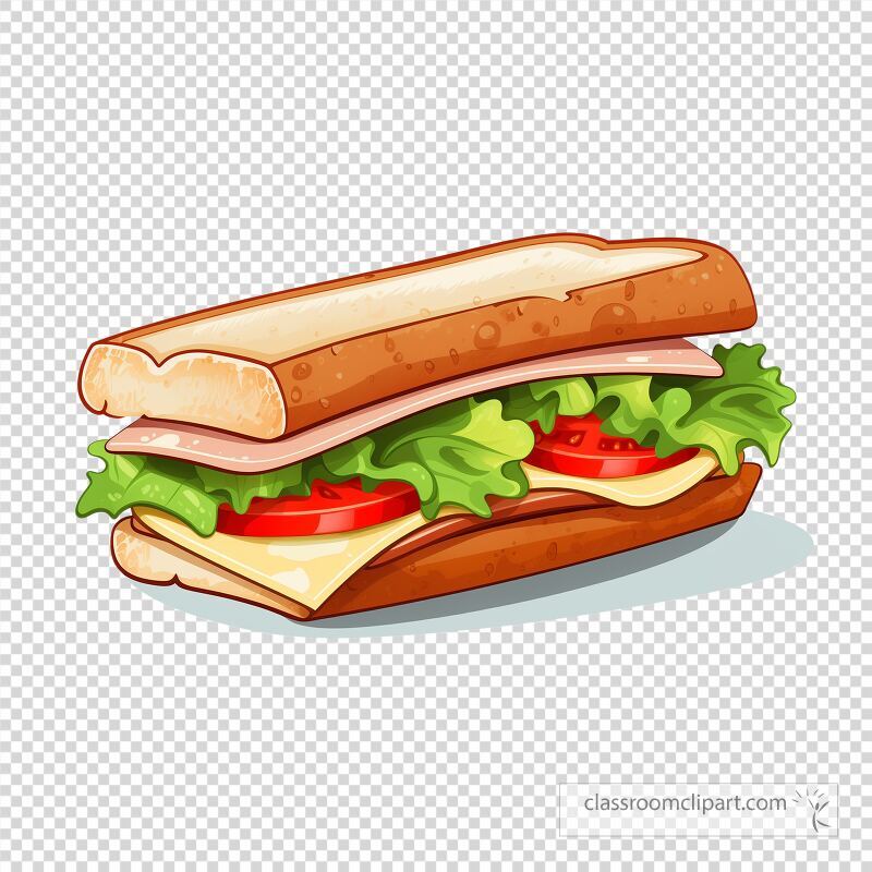 A delicious sandwich filled with layers of lettuce tomatoes cheese and ham is presented on a clean white background The vibrant colors highlight the freshness of its ingredients