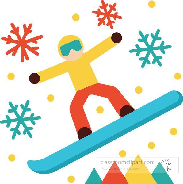 A fun depiction of a snowboarder doing tricks in a colorful snow scene.