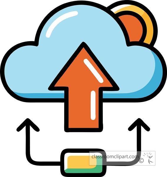 Playful upload icon features a cloud and arrow in bright colors on a white background