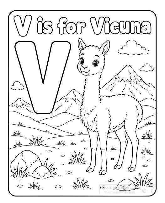 Black and white coloring page showing a standing vicuna in a mountain landscape with clouds grass rocks and a large letter V