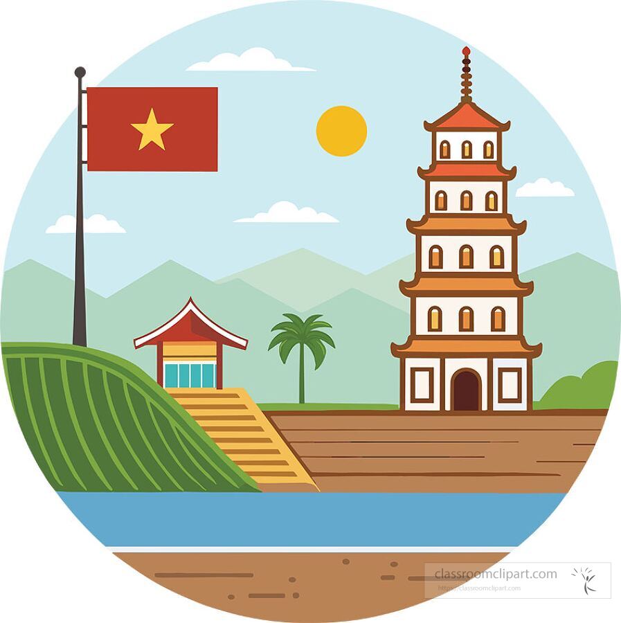 Vector illustration of Vietnam landscape with temple Vietnamese flag mountains and river perfect for cultural education travel resources and Asian studies