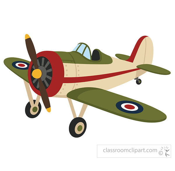 A vintage propeller airplane with green wings red nose and round wing markings is shown from the side