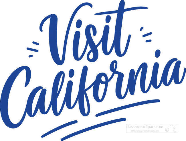 Visit California lettering in blue script with underline strokes and small accent marks