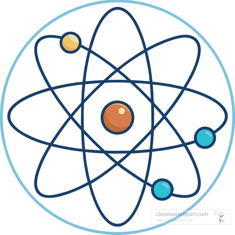 This graphic depicts an atomic structure featuring a nucleus at the center with orbiting electrons in distinct colors It illustrates the fundamental concept of matter