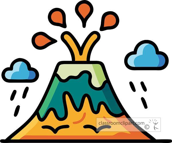 A colorful cartoon illustration of a volcano erupting, with lava flowing down its sides and clouds in the background.