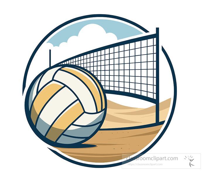 Flat vector illustration of a volleyball logo showing a ball and net on a sandy beach court with blue sky perfect for tournaments clubs