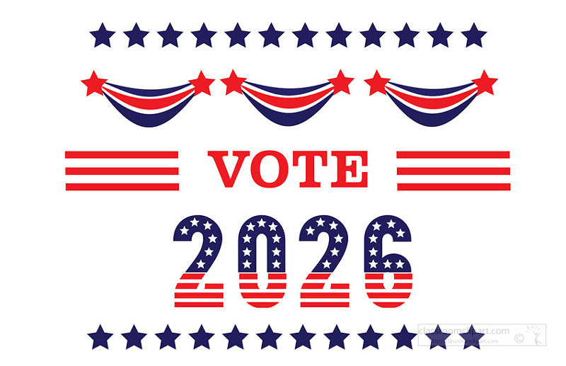 A patriotic vote 2026 banner with stars stripes and ribbon elements designed for election campaigns and voter awareness promotions