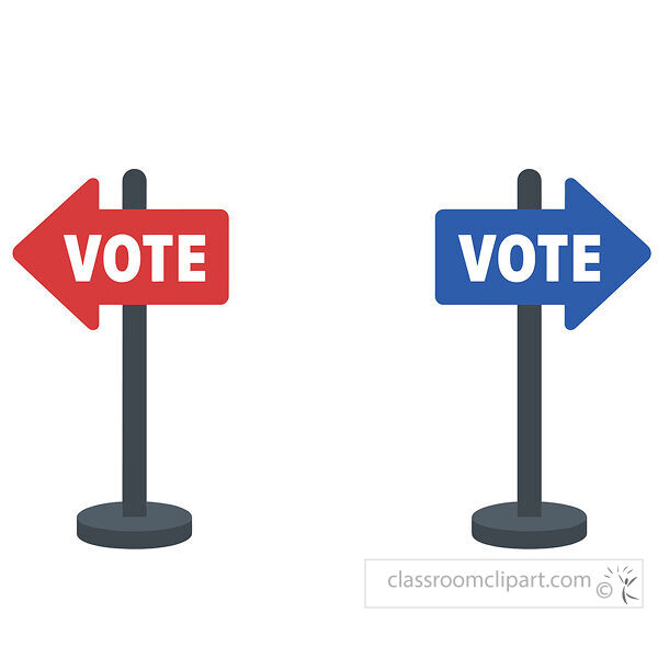 Red and blue vote arrow signs on posts pointing left and right for polling place directions