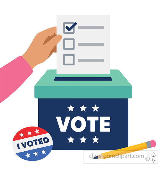 Hand casting a checked ballot into a blue vote box with stars pencil and I Voted sticker