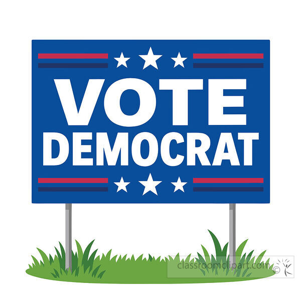 Blue Vote Democrat yard sign with white stars red stripes metal posts and green grass in a patriotic election theme