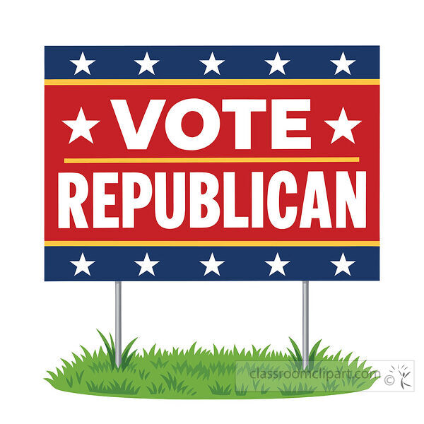 Red and blue Vote Republican yard sign with white stars yellow divider lines metal posts and green grass