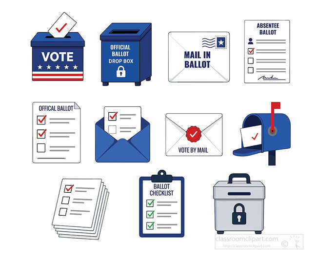 Mail in ballot icons with vote box ballot drop box envelopes absentee ballot checklist mailbox and locked ballot box