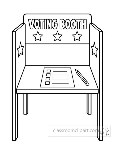 Voting booth coloring page with ballot paper pencil side panels and stars for election classroom activities