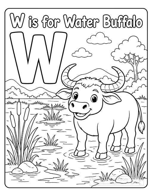 Large letter W with a smiling water buffalo standing in shallow wetland water near cattails grasses and trees