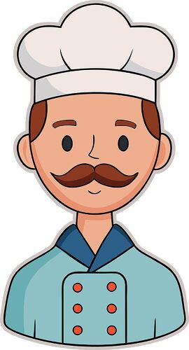 friendly cartoon avatar of a chef wearing a uniform and a welcoming expression