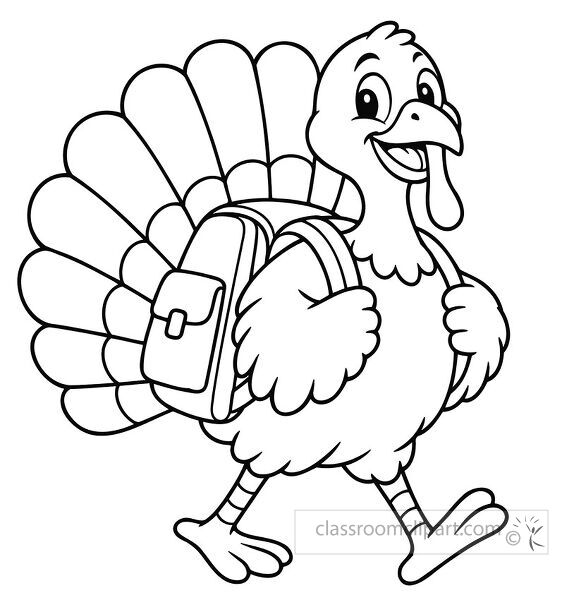 Smiling turkey walking with a backpack and spread tail feathers in a playful Thanksgiving coloring page style