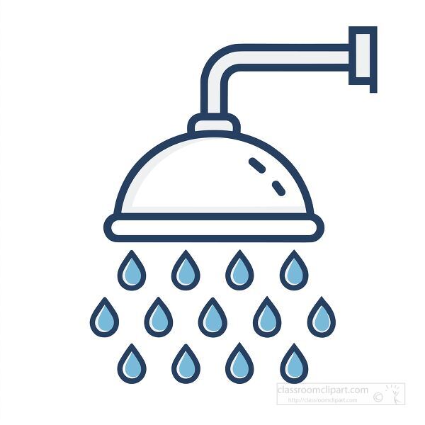 illustration of a shower head mounted on a pipe with water droplets falling