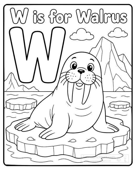 Black and white coloring page showing a smiling walrus on an ice floe with icebergs clouds water and a large letter W