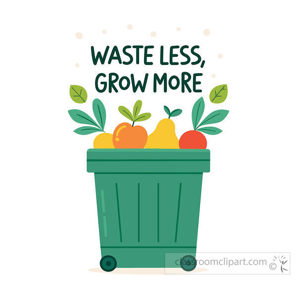 Waste Less Grow More word art above a green produce bin filled with fruits and leaves for garden themed messages