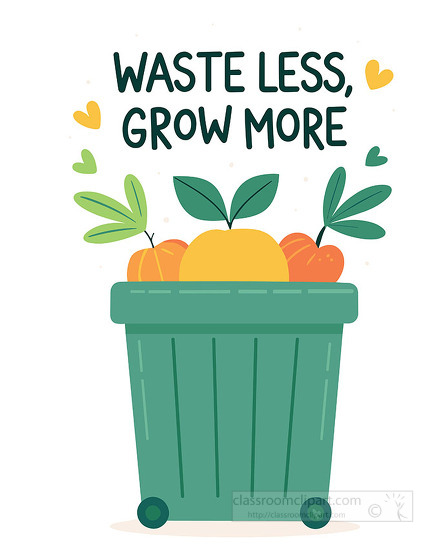 A compost themed design with fruits leaves and waste less grow more text for gardening sustainability and zero waste promotion