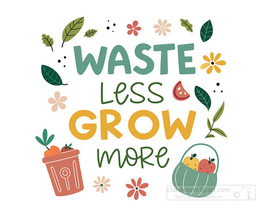 Eco themed design with waste less grow more text compost produce leaves and bag for sustainable living and zero waste projects