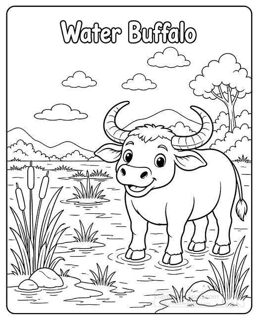 Smiling water buffalo standing in shallow wetland water with curved horns cattails grasses rocks trees and clouds
