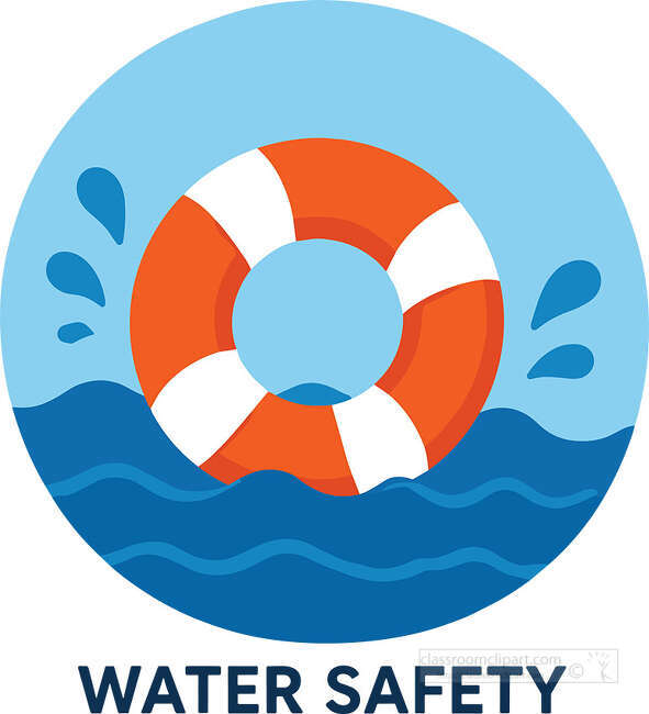 Orange and white life ring floating on blue water with Water Safety text below