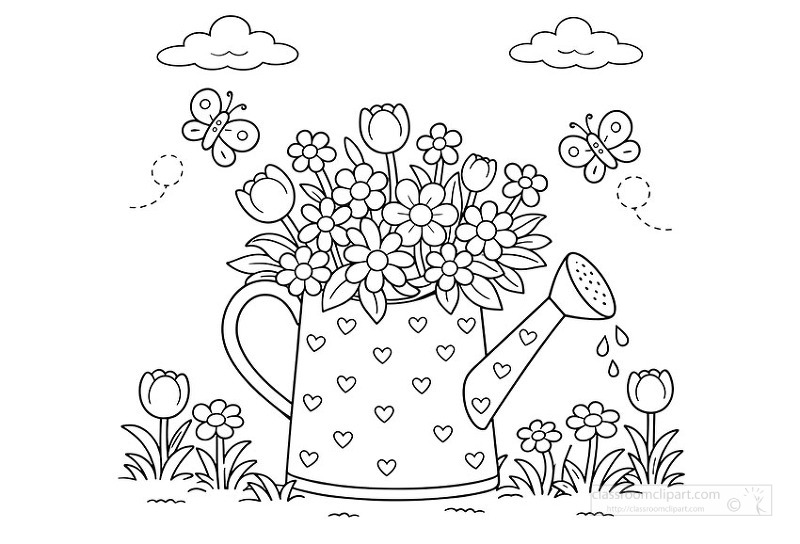 Black and white coloring page of watering can decorated with hearts filled with spring flowers
