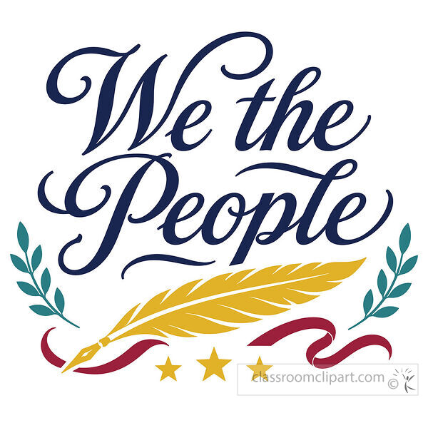 We the People written in large navy script above a golden quill stars red flourishes and teal leafy branches