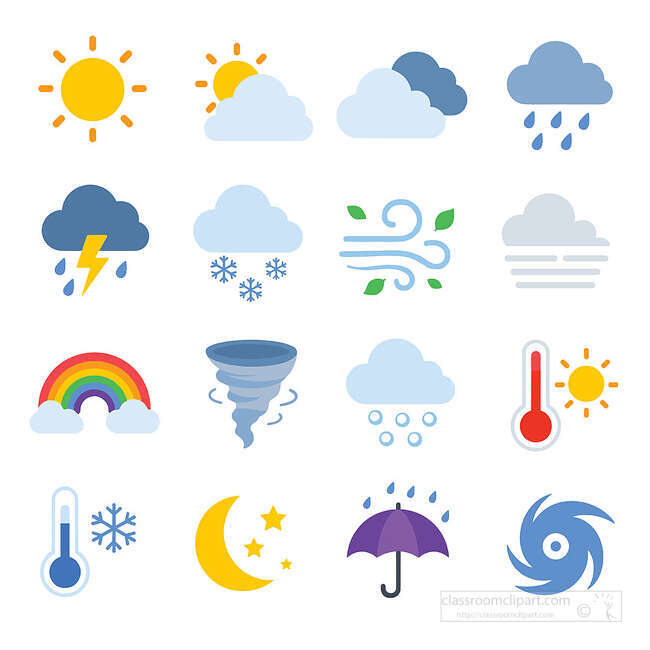 Weather symbol icon set with sun clouds rain storm snow wind fog rainbow tornado hail thermometer umbrella and hurricane