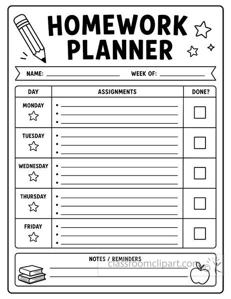 Weekly homework planner page with weekday assignment rows done checkboxes name field week field and notes reminders