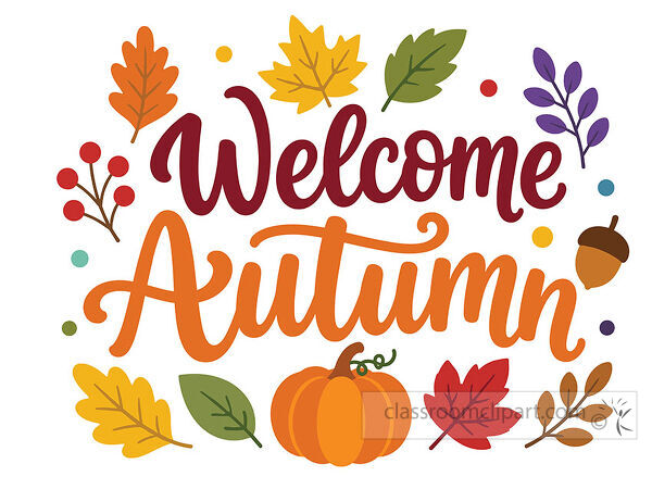 Welcome Autumn lettering with pumpkin acorn branches dots and colorful fall leaves
