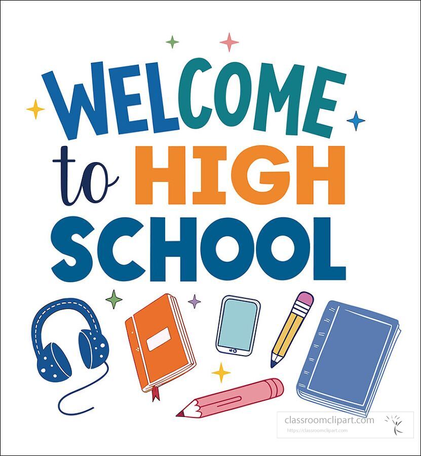 welcome to high school clipart with bold text colorful notebooks pencil headphones and digital devices for use in educational projects and classroom designs