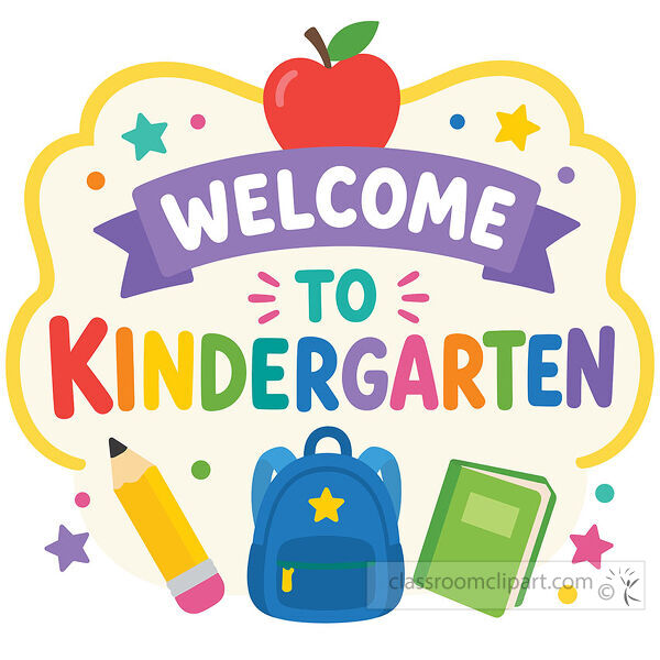 Colorful welcome to kindergarten sign with an apple backpack pencil book stars and playful school decorations